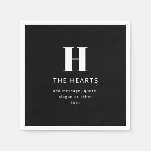 Bewerkbaar Modern Monogram Naam & Bericht | Zwart Servet (Voorkant)
