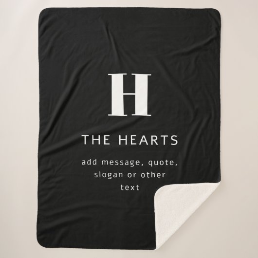 Bewerkbaar Modern Monogram Naam & Bericht | Zwart Sherpa Deken (Voorkant)