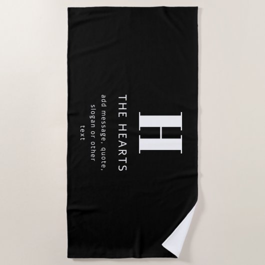 Bewerkbaar Modern Monogram Naam & Bericht | Zwart Strandlaken (Voorkant)