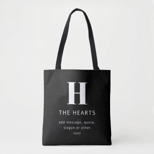 Bewerkbaar Modern Monogram Naam & Bericht | Zwart Tote Bag (Voorkant)