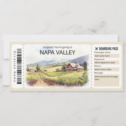 Bewerkbaar Napa Valley Vliegticket, Californië Kaart (Voorkant)