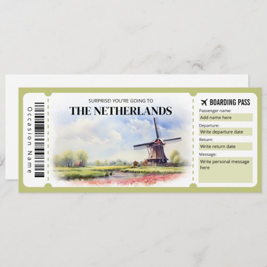 Bewerkbaar Nederland Boarding Pass Vliegticket Kaart (Voorkant / Achterkant)
