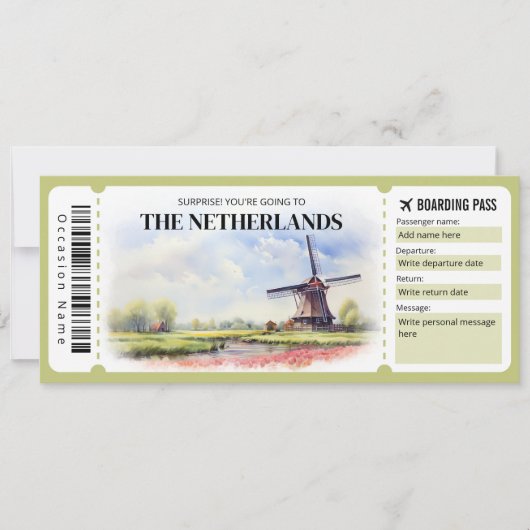 Bewerkbaar Nederland Boarding Pass Vliegticket Kaart (Voorkant)