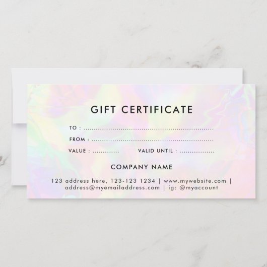 Bewerkbaar nep-holografisch elegant cadeaucertific (Achterkant)