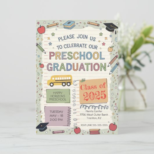 Bewerkbaar Notitieboek schoolbus kleuterschool Afs Kaart (Staand voorkant)