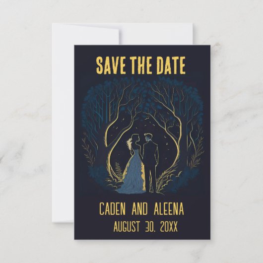 Bewerkbaar Paar in het Bos 's Nachts Save The Date (Voorkant)