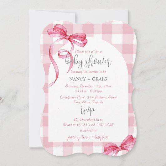 BEWERKBAAR Pink Bow Gingham Baby shower Kaart (Voorkant)