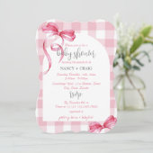 BEWERKBAAR Pink Bow Gingham Baby shower Kaart (Staand voorkant)