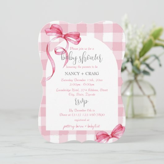 BEWERKBAAR Pink Bow Gingham Baby shower Kaart (Staand voorkant)