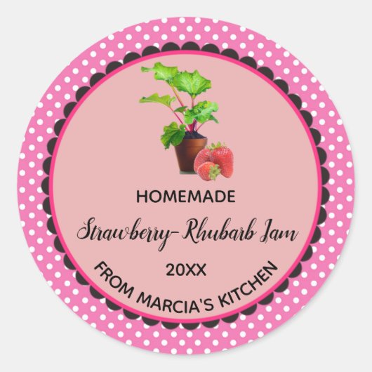 Bewerkbaar Pink Gingham Strawberry Rhubarb Jam Lab Ronde Sticker (Voorkant)