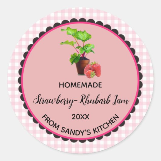 Bewerkbaar Pink Gingham Strawberry Rhubarb Jam Lab Ronde Sticker (Voorkant)