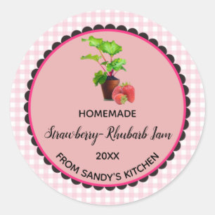 Bewerkbaar Pink Gingham Strawberry Rhubarb Jam Lab Ronde Sticker