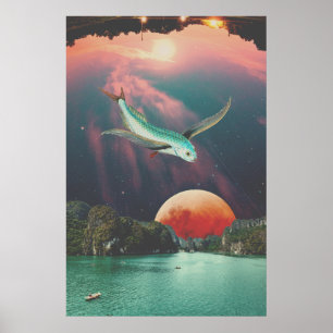 Bewerkbaar Psychedelic Flying Fish Art Poster