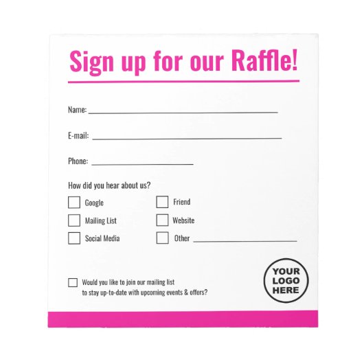 Bewerkbaar Raffle Sign Up Notitieblok (Voorkant)