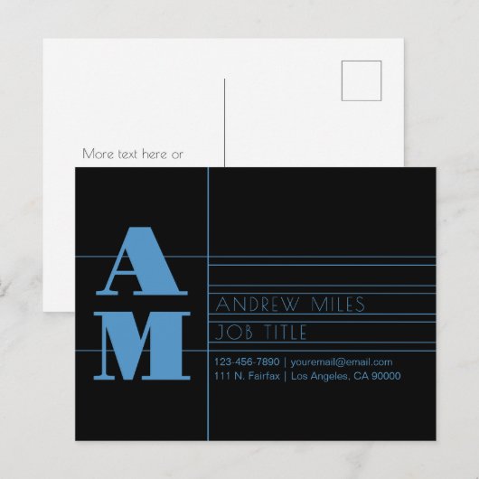 Bewerkbaar Retro-modern Monogram Lichtblauw & Zwar Briefkaart (Voorkant / Achterkant)