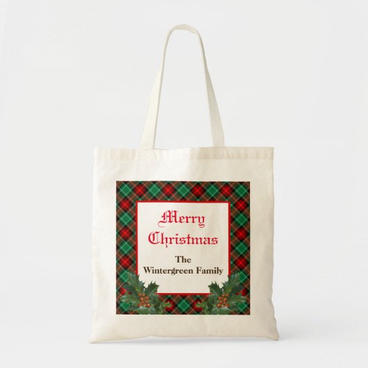 Bewerkbaar rood groen geruit met hulst tote bag (Voorkant)