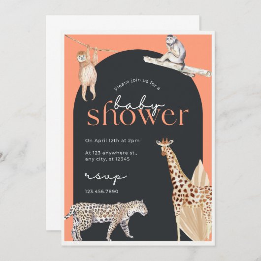 Bewerkbaar Safari Oerwoud Dieren Baby shower Invit Kaart (Voorkant / Achterkant)