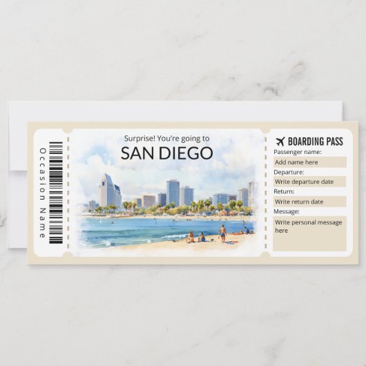 Bewerkbaar San Diego Vliegticket, Californië Trip Kaart (Voorkant)