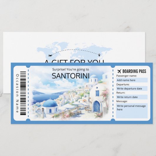 Bewerkbaar Santorini Vliegticket, Griekenland Trip Kaart (Voorkant / Achterkant)