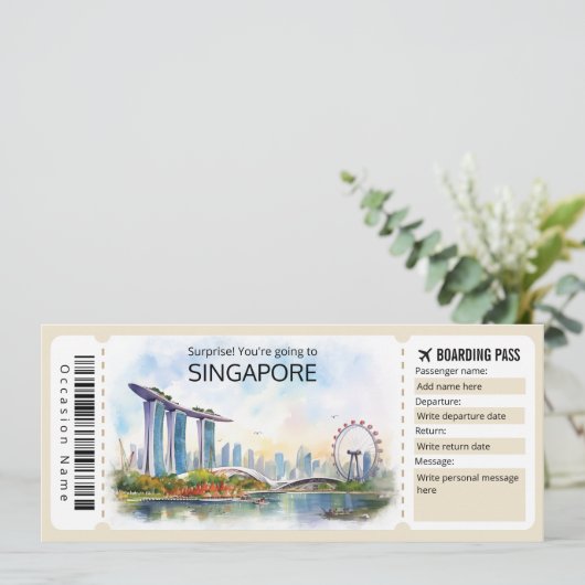 Bewerkbaar Singapore Vliegticket, Singapore Trip Kaart (Staand voorkant)