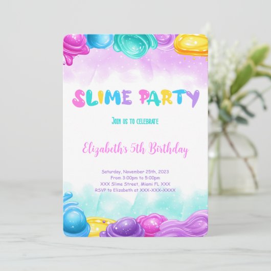 bewerkbaar slijm verjaardagsfeestje kaart (Staand voorkant)