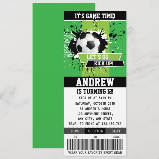 Bewerkbaar Soccer Birthday Party Ticket voor jonge Kaart (Voorkant / Achterkant)