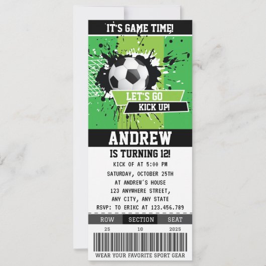 Bewerkbaar Soccer Birthday Party Ticket voor jonge Kaart (Voorkant)