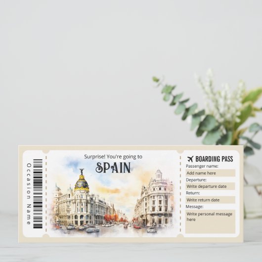 Bewerkbaar Spanje Vliegticket, Spanje Trip Kaart (Staand voorkant)