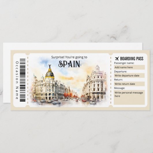 Bewerkbaar Spanje Vliegticket, Spanje Trip Kaart (Voorkant / Achterkant)