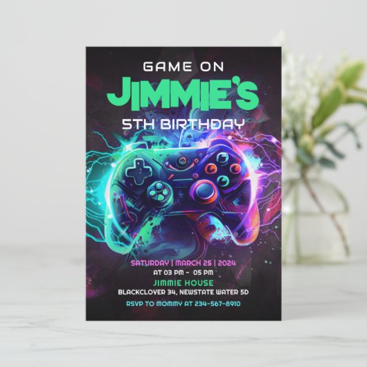 Bewerkbaar spel op 5th Birthday Party uitnodiging (Staand voorkant)