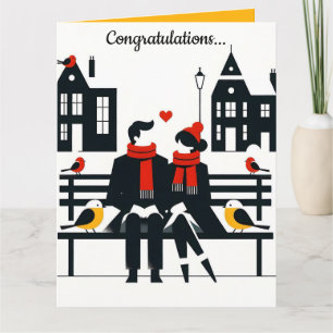 Bewerkbaar stel op een bankje met vogels gefelicit kaart