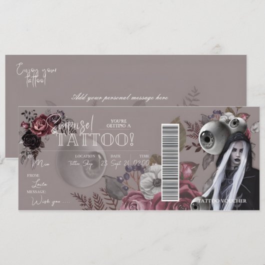 BEWERKBAAR Tattoo Verjaardagscadeau Kaart Voucher (Voorkant / Achterkant)