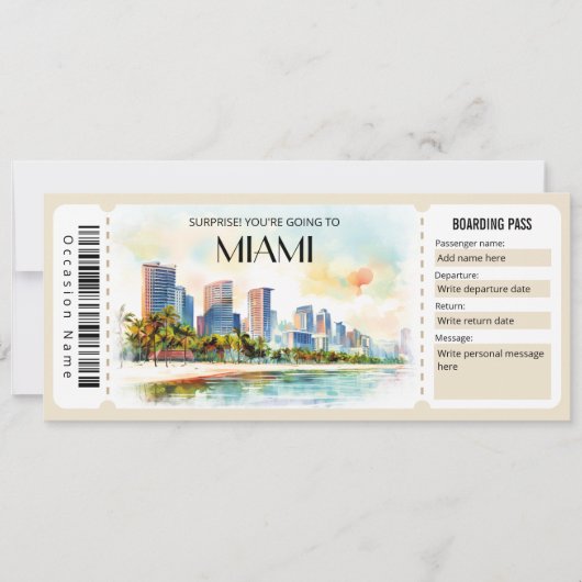Bewerkbaar ticket voor Miami Plane Boarding Pass Kaart (Voorkant)