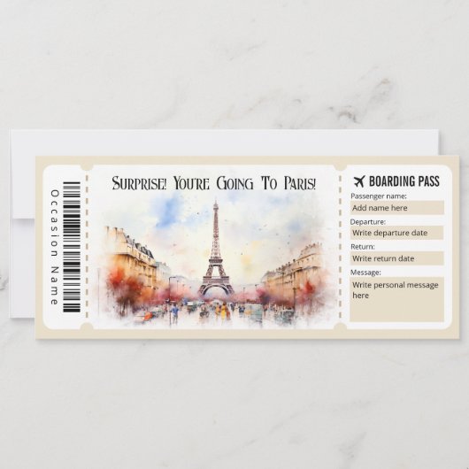 Bewerkbaar ticket voor Paris Plane Boarding Pass Kaart (Voorkant)