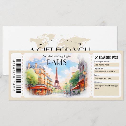 Bewerkbaar ticket voor Paris Plane Boarding Pass Kaart (Voorkant / Achterkant)