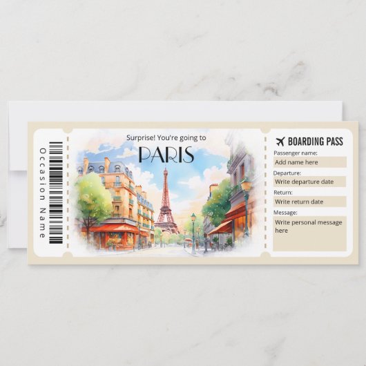 Bewerkbaar ticket voor Paris Plane Boarding Pass Kaart (Voorkant)