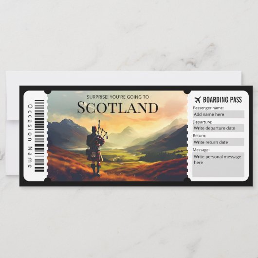 Bewerkbaar ticket voor Scotland Plane Boarding Pas Kaart (Voorkant)