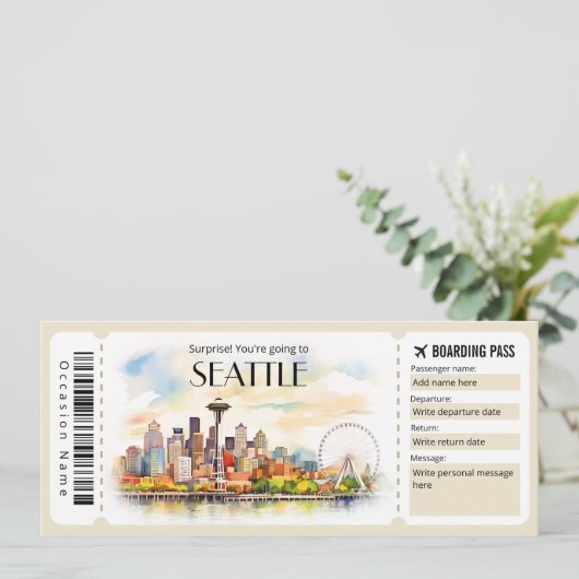 Bewerkbaar ticket voor Seattle Plane Boarding Pass Kaart (Staand voorkant)