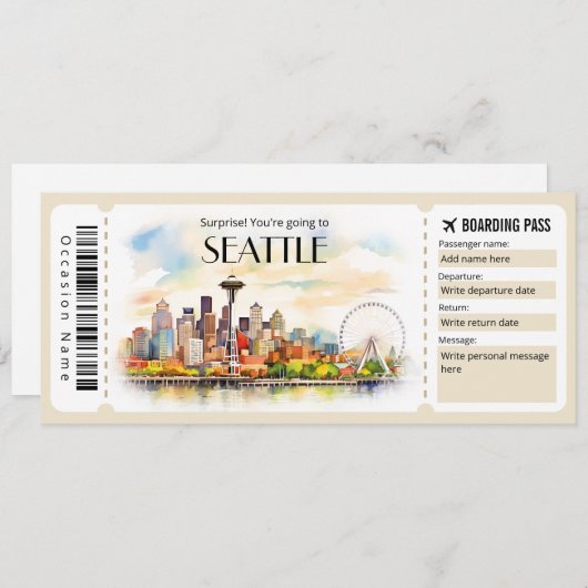 Bewerkbaar ticket voor Seattle Plane Boarding Pass Kaart (Voorkant / Achterkant)