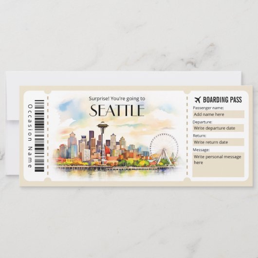 Bewerkbaar ticket voor Seattle Plane Boarding Pass Kaart (Voorkant)