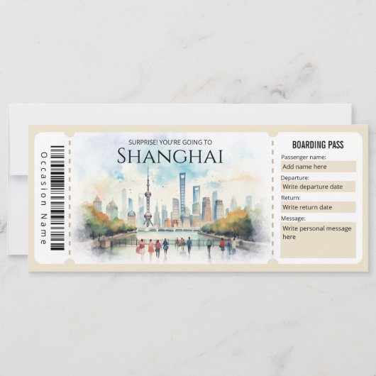 Bewerkbaar ticket voor Shanghai Plane Boarding Pas Kaart (Voorkant)