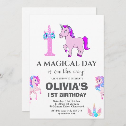 Bewerkbaar verjaardagsfeest van Unicorn Kaart (Voorkant / Achterkant)