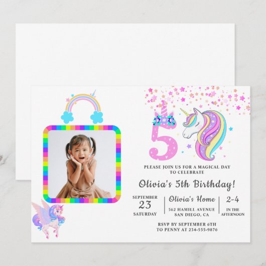 Bewerkbaar verjaardagsfeest van Unicorn Kaart (Voorkant / Achterkant)