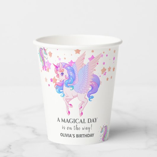 Bewerkbaar verjaardagsfeest van Unicorn Papieren Bekers (Voorkant)