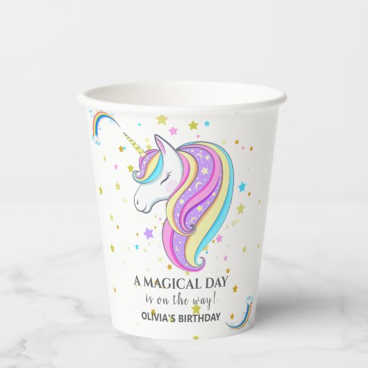 Bewerkbaar verjaardagsfeest van Unicorn Papieren Bekers (Voorkant)