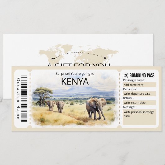 Bewerkbaar vliegticket Kenia, Kenia Trip Kaart (Voorkant / Achterkant)