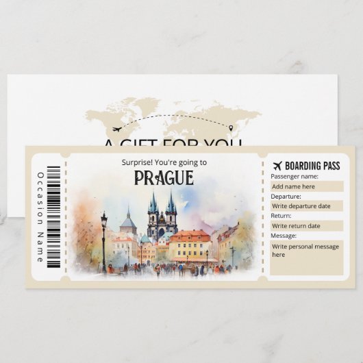 Bewerkbaar vliegticket Praag, Praag Trip Kaart (Voorkant / Achterkant)