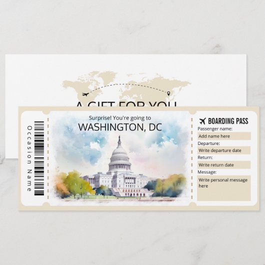 Bewerkbaar vliegticket Washington DC, Washington Kaart (Voorkant / Achterkant)