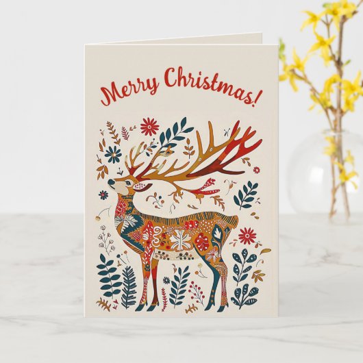 Bewerkbaar Volkskunst Herten Kerstmis Kaart (Gele Bloem)