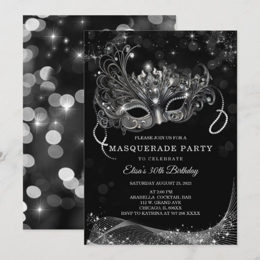 Bewerkbaar voor gemaskerd bal zwart en zilver fees kaart (Voorkant / Achterkant)